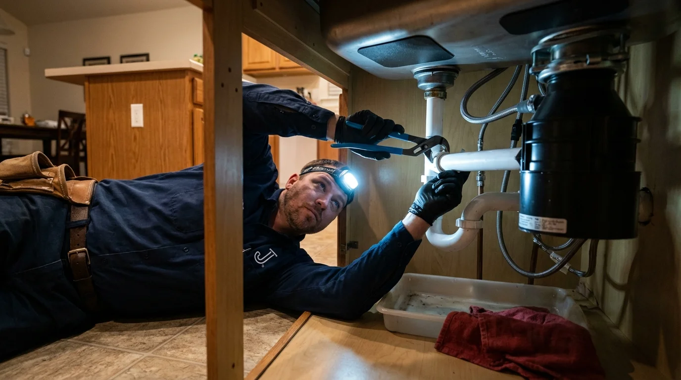 P-trap and supply line connections under a kitchen sink showing a common leak point in Springville, AL